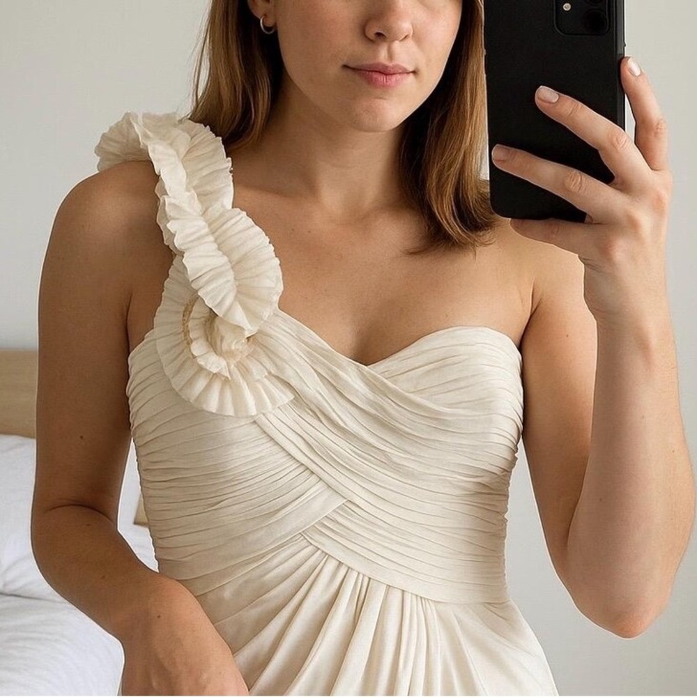 BCBGMaxAzria Cream One-Shoulder Dress with Ruffle